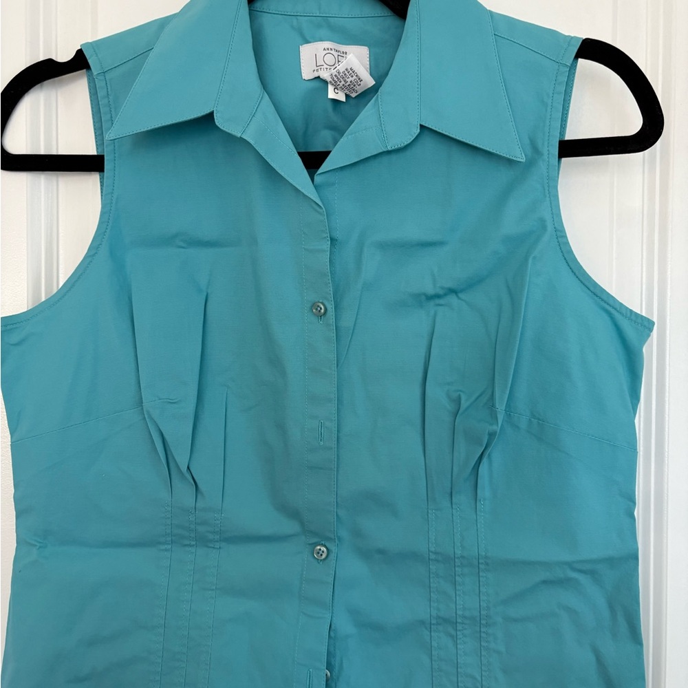 NEW LOFT Women Medium Button-Up Collared Sleeveless V-Neck Blouse Teal